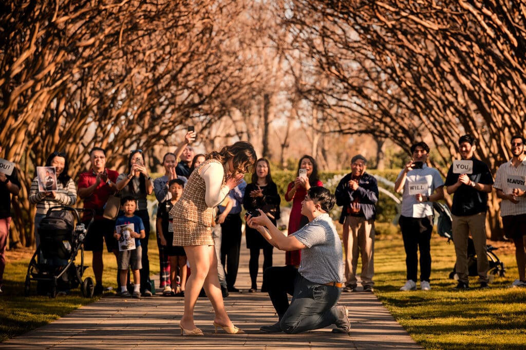 Wide documentary shot of a man down on one knee for a surprise proposal under the tree tunnel at the Dallas Arboretum.